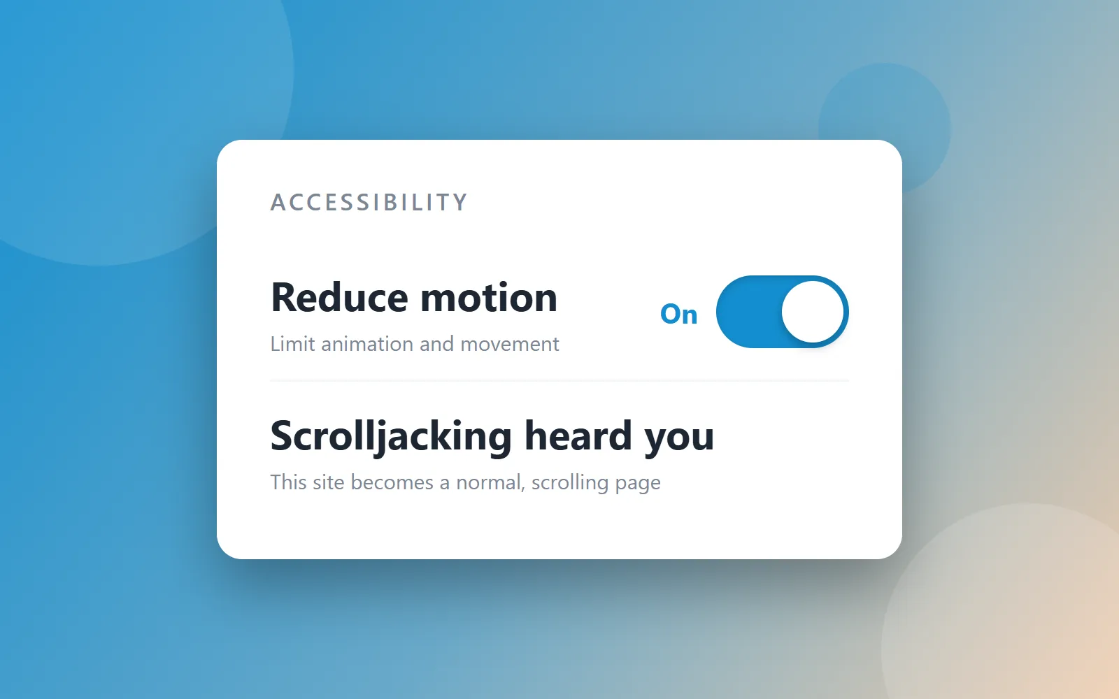 Illustration of an accessibility settings panel on a blue-to-tan gradient: a "Reduce motion" toggle switched on, above a line reading "Scrolljacking heard you — this site becomes a normal, scrolling page"