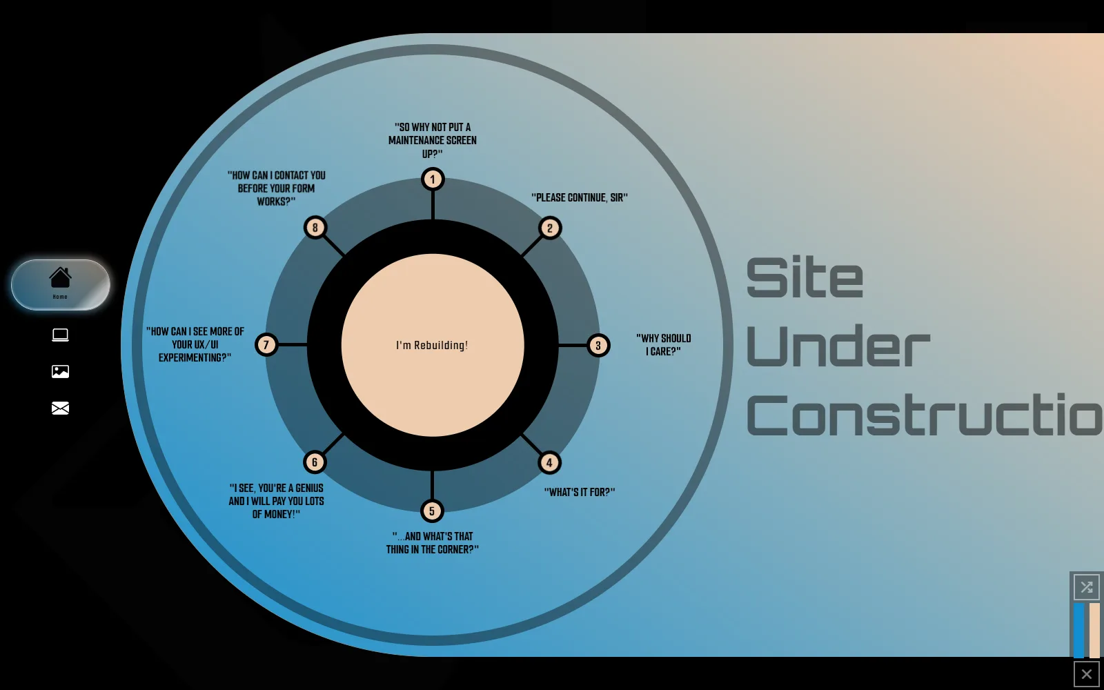 Screenshot of the circle-graphic Q&A widget on this hand-coded, scroll-driven homepage: a large blue-to-tan gradient circle with eight numbered question prompts radiating from a center reading "I'm Rebuilding!"